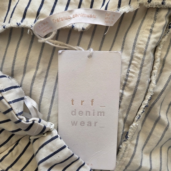 NWT Zara TRF | Asymmetrical One Shoulder Ruffle Cream Denim Stripe Dress Medium - Picture 3 of 8